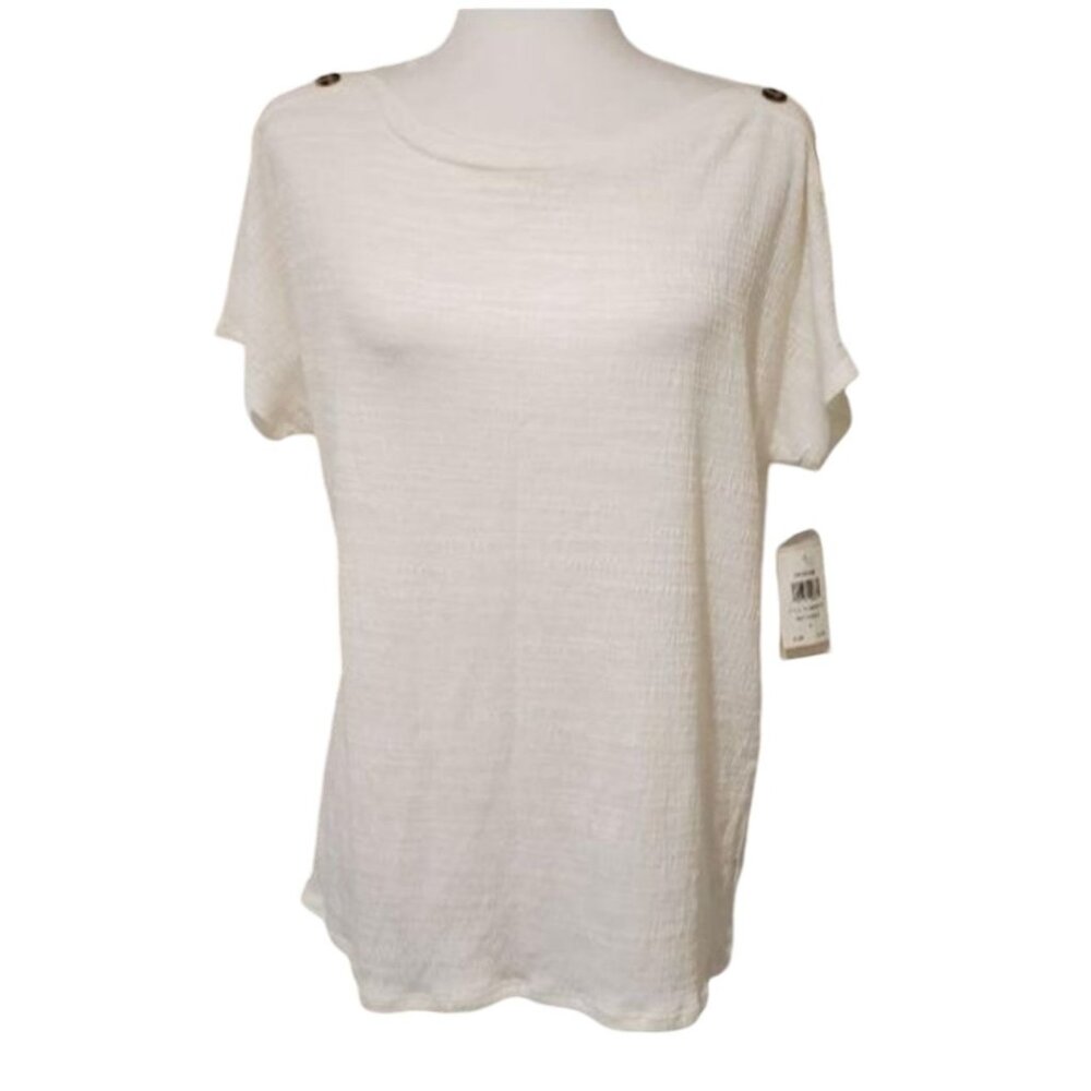 Retrology White Button-Shoulder Short Sleeve Top Medium